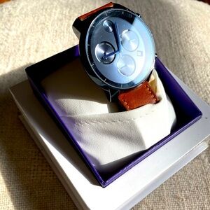 Movado Bold Men’s Stainless Steel Navy Watch with Leather Strap